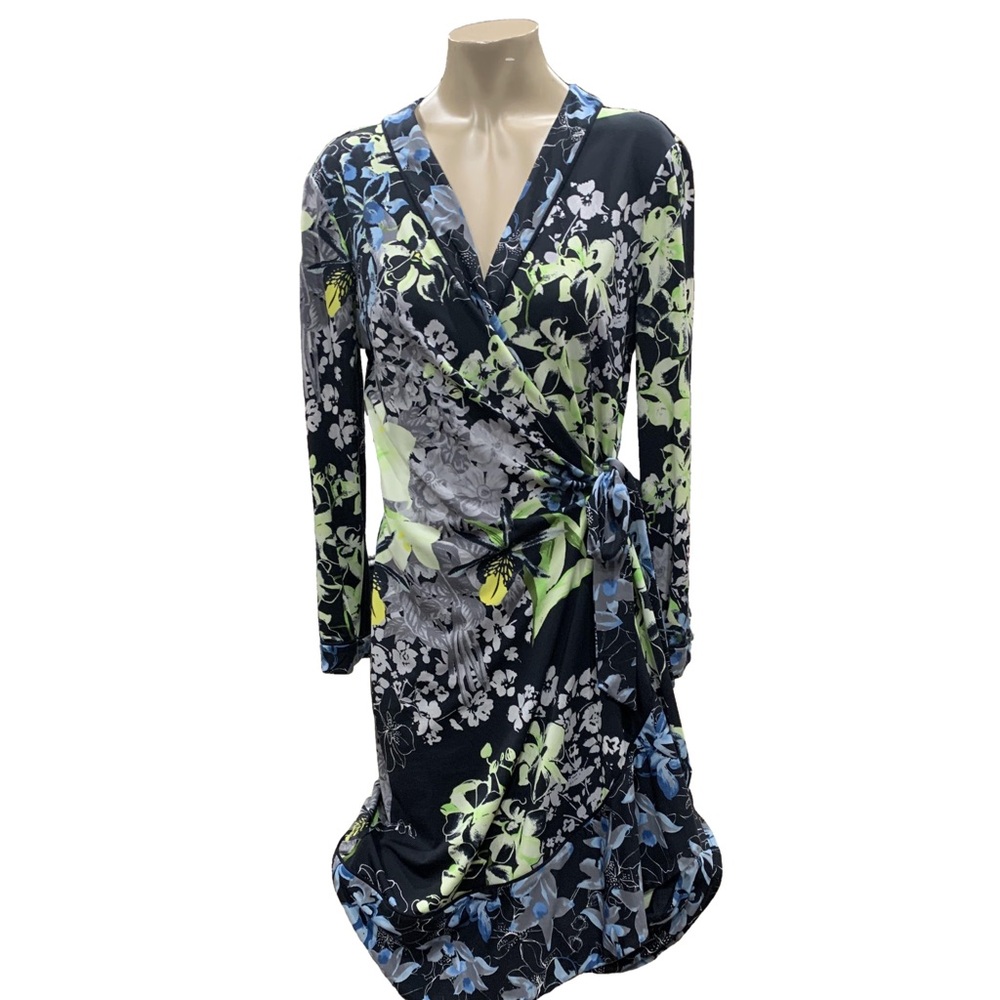 BCBGMaxAzria Black Floral Wrap Dress with Blue and Lime Green Accents